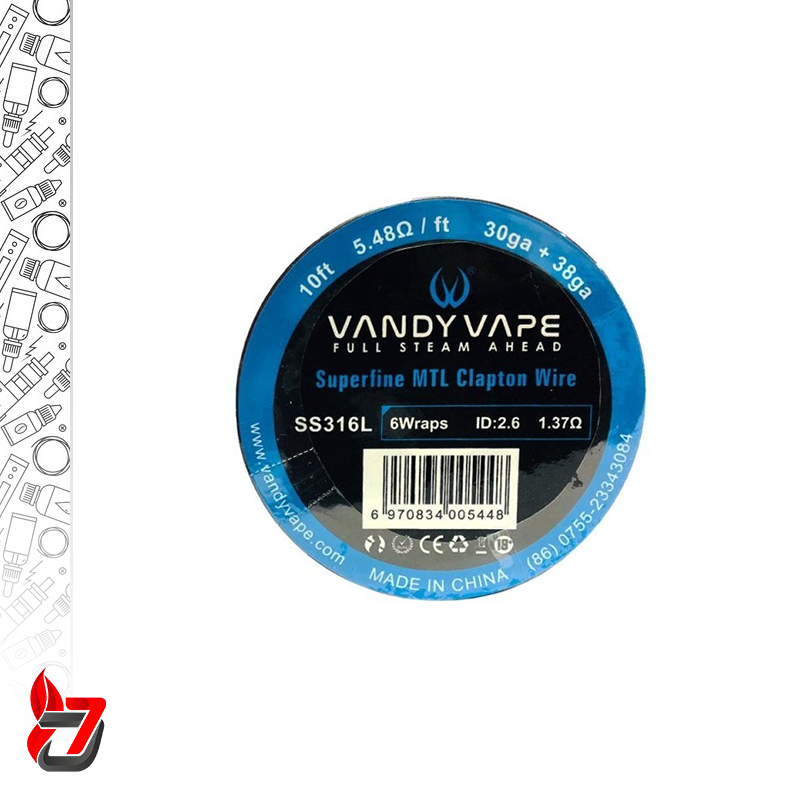 سیم‌وایر وندی ویپ سوپرفاین ام‌تی‌ال کلپتون وایر اس‌اس316ال 10فوت 5.48 اهم | VANDY VAPE SUPERFFINE MTL CLAPTON WIRE SS316L 10FT 5.48ohm